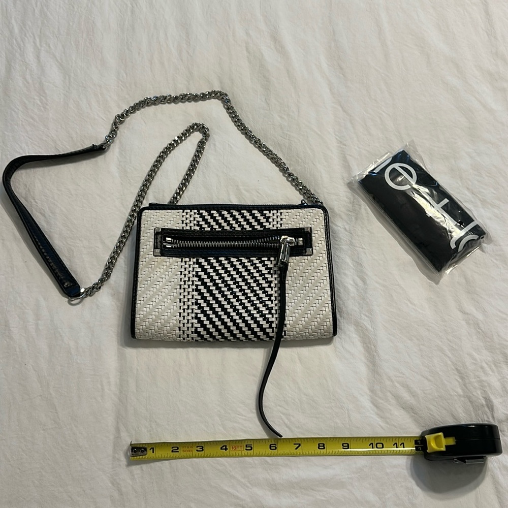 She+lo black & white leather clutch w removable silver chain crossbody purse